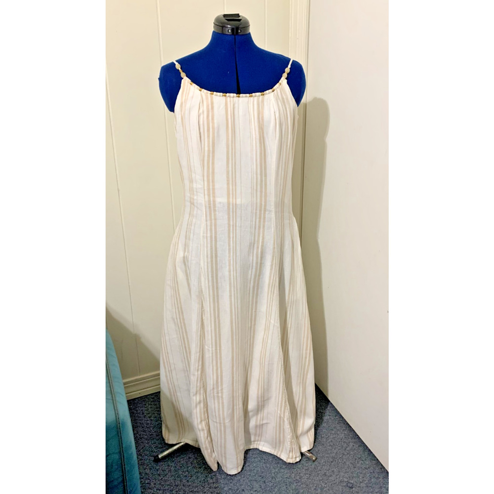 Calypso St. Barth Size 12 Beige & White Striped Beaded Linen Blend Maxi Dress - Picture 2 of 11